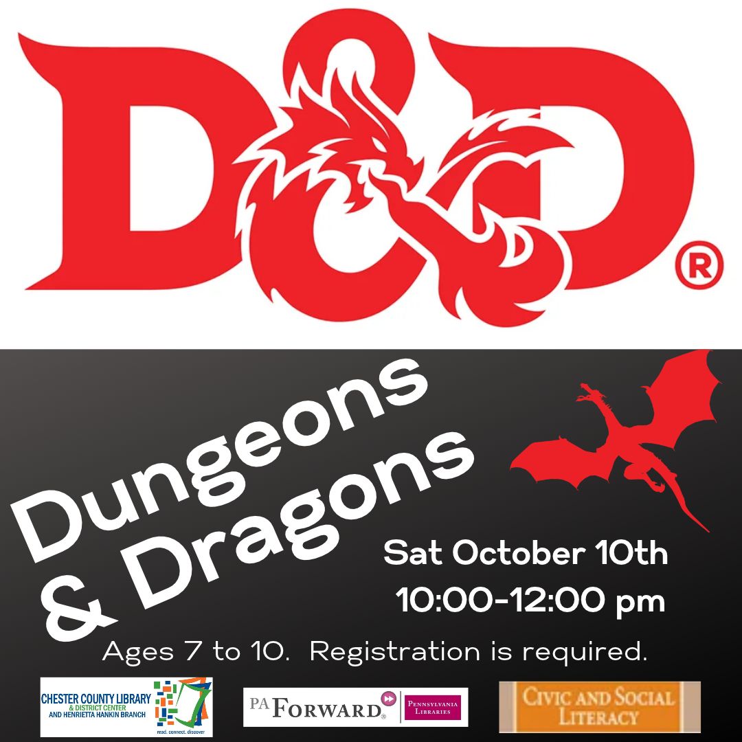 HankinLibrary's tweet photo. Has the recent popularity of Dungeons and Dragons captured your imagination, but you don't know how to get started?  Come learn the basics of character creation &amp; the rules of the game. 
This program is for ages 7 to 10.  To register, click here: https://t.co/ipfC7hkLWb https://t.co/jWmS4no7ow