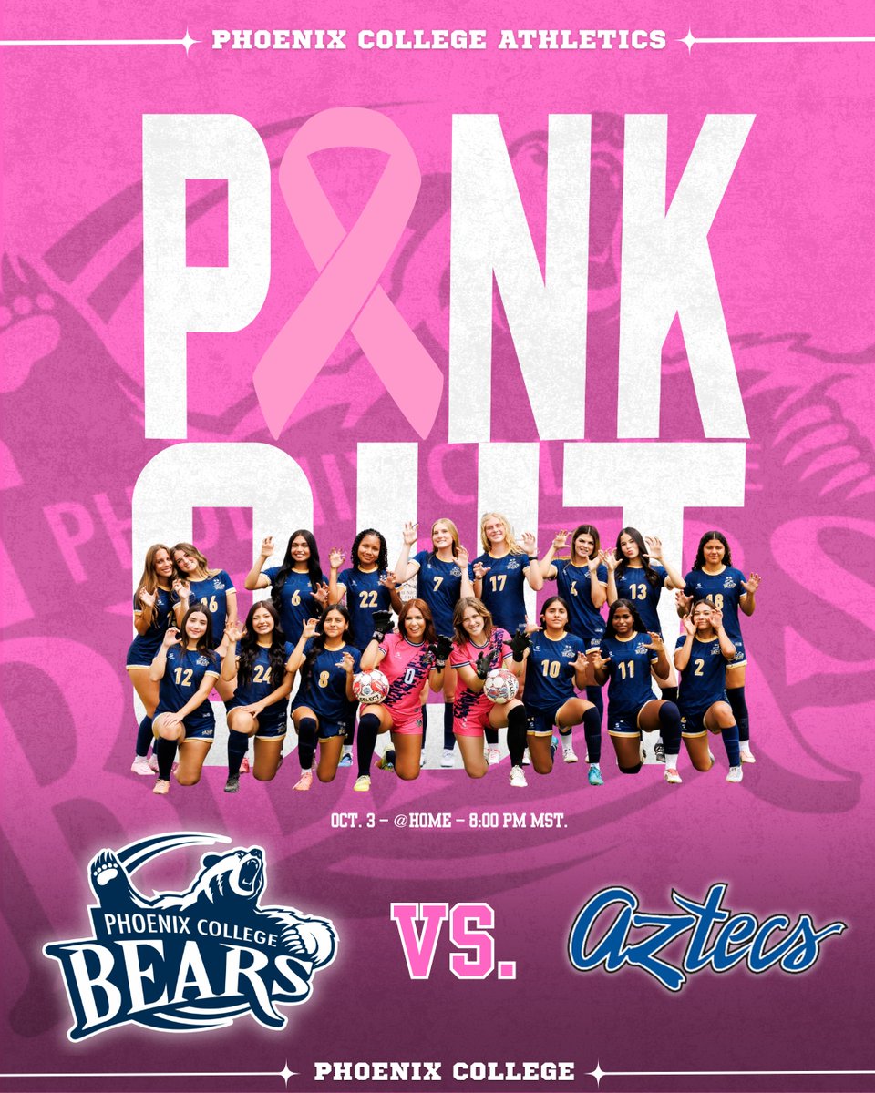 PC_Bears's tweet photo. PINK OUT GAME DAY!

The Phoenix College Women’s Soccer team takes on Pima Community College tonight! ⚽️🔥

📅 October 3
⏰ 8:00 PM
📍 Phoenix College
🎀 PINK OUT!

Come out, wear pink, and support the Bears! 🩷🐻
#GoBears #WomensSoccer #PinkOut #GameDay #PCBears #Soccer https://t.co/kdWDc1X9oV
