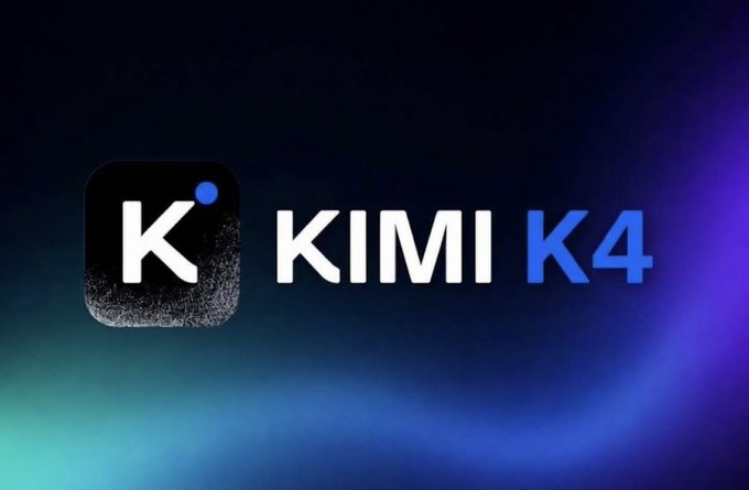The image shows a stylized logo for "KIMI K4," featuring a black rounded-square icon with a white "K" accented by a blue dot, set against a dark gradient background. It serves as promotional/branding artwork accompanying reports of leaked claims that Moonshot's upcoming Kimi K4 model could outperform rival models like GPT-6 Astra and Claude Sonnet 5.5.