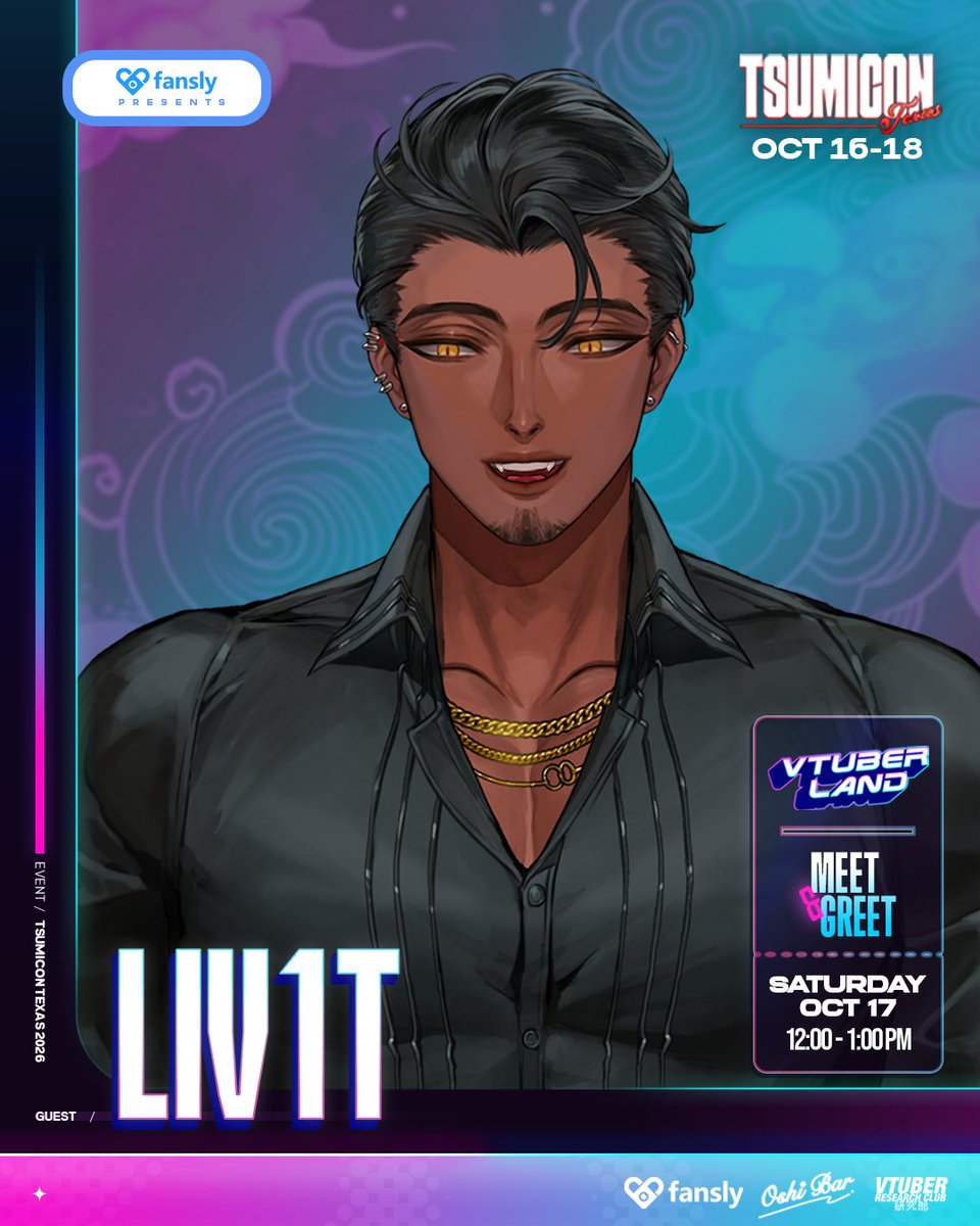 LIV1T's tweet photo. A TEXAS PREMIER! 🗣

YOUR  FAVORITE ANTI-HERO IS VISITING @TsumiCon  IN TX!! 🥃🧊

I'll be doing a Virtual Meet &amp; Greet at @theoshibar's VtuberLand !!  🎡

SATURDAY OCT 17TH @ 12 PM CST !

Drop by and say Hai 😏 https://t.co/rCDRTbidwr