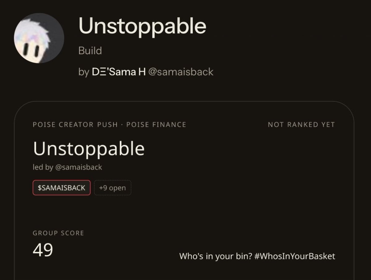 samaisback's tweet photo. Before you build a bin of stocks, build a group of people.

I'm leading Unstoppable in the Poise campaign by @PoiseFinance handle. 10 slots. 

Big accounts, small accounts, all conviction.

#WhosInYourGroup 

Join through this link: https://t.co/0MMFL0X7ZE https://t.co/3dYu97pUsz