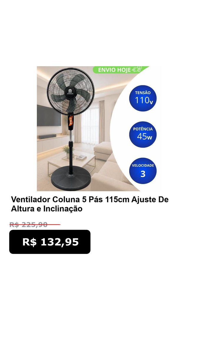 SoOfertasTop's tweet photo. Promo Shopee

🛍️ Ventilador Coluna 5 Pás 115cm Ajuste De Altura e Inclinação Com 3 Velocidades 110v Forte Silencioso

📴 Com desconto de até 41%

De: R$ 225,90
*Por:* R$ 132,95

🔗 Compre aqui:
https://t.co/2Yd0rlcG5J https://t.co/DOYwlIrT5J