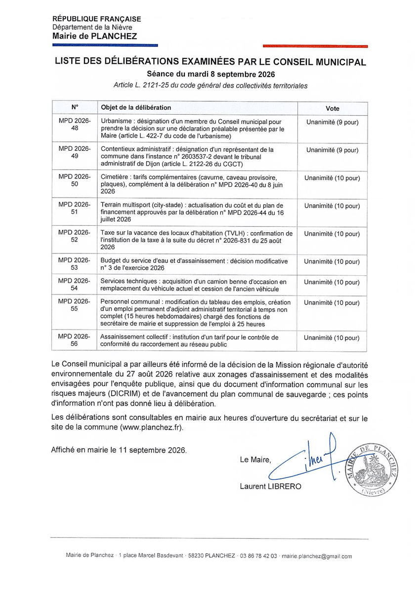 com_planchez's tweet photo. Le Conseil municipal de Planchez a voté à l’unanimité sur 9 points majeurs : urbanisme, cimetière, city-stade, taxe sur les logements vacants, budget, services techniques, emplois communaux et assainissement. Détails sur https://t.co/BtwiPYeo84 https://t.co/5LdOsxTjJG