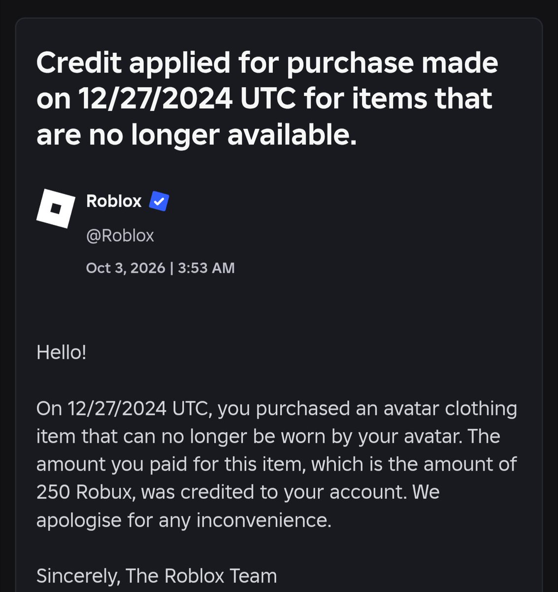 bintack_1's tweet photo. i rlly wish roblox would just straight tell me what got deleted 

what the fuck did i buy in 2024 that was 250 rbx????? https://t.co/vSl1OspPyB
