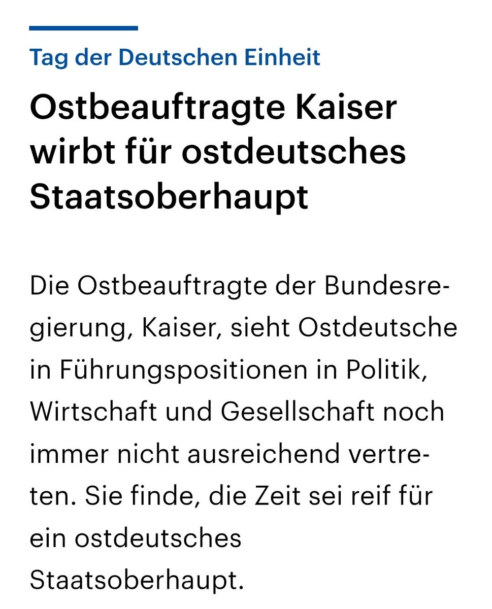 PeterTiede's tweet photo. Offenbar hat die @Ost_Beauftragte Frau #Kaiser einen sehr langen Winterschlaf hinter sich oder Westamnesie: nach 16 Jahren Angela #Merkel als Kanzlerin und leider nur einer Legislatur Joachim #Gauck als Bundespräsident fordert sie ein ostdeutschen Staatsoberhaupt... 44,44 Prozent der Zeit seit der Wiedervereinigung war eine Frau aus dem Osten Kanzelrin. Das ist gemessen an der Bevölkerung  nach der Ossinesenlogik eindeutig zu lang. Wäre ich aus dem Westen, würde ich das ungerecht finden. Genau dieser Quatsch zeigt aber, warum diese Ostbeauftragten echt niemand braucht - außer Ostbeauftragte.