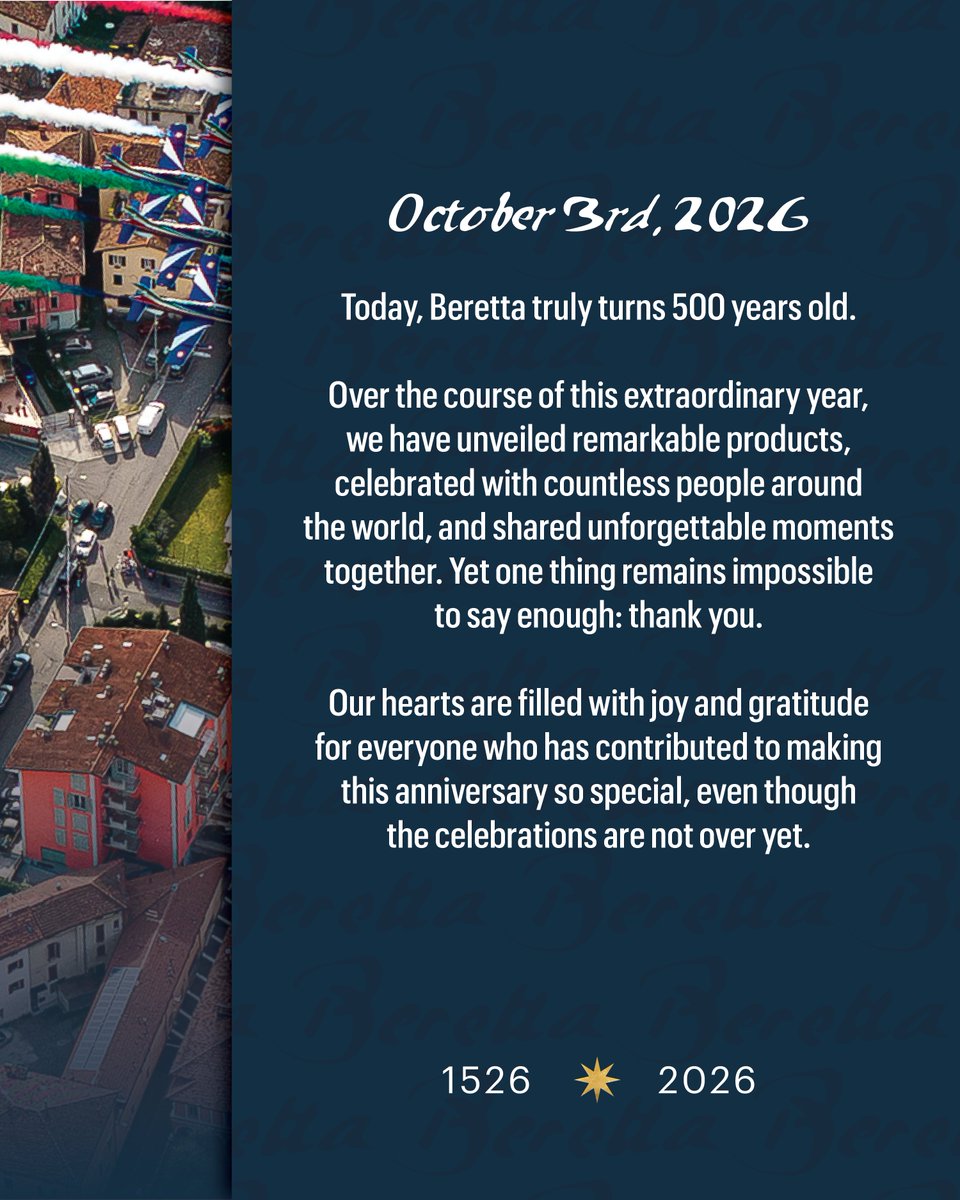 Beretta_USA's tweet photo. From Gardone Val Trompia to the world, thank you for being part of our story. 

#Beretta500  #LegacyForgesTomorrow https://t.co/xA9zKj9XK1