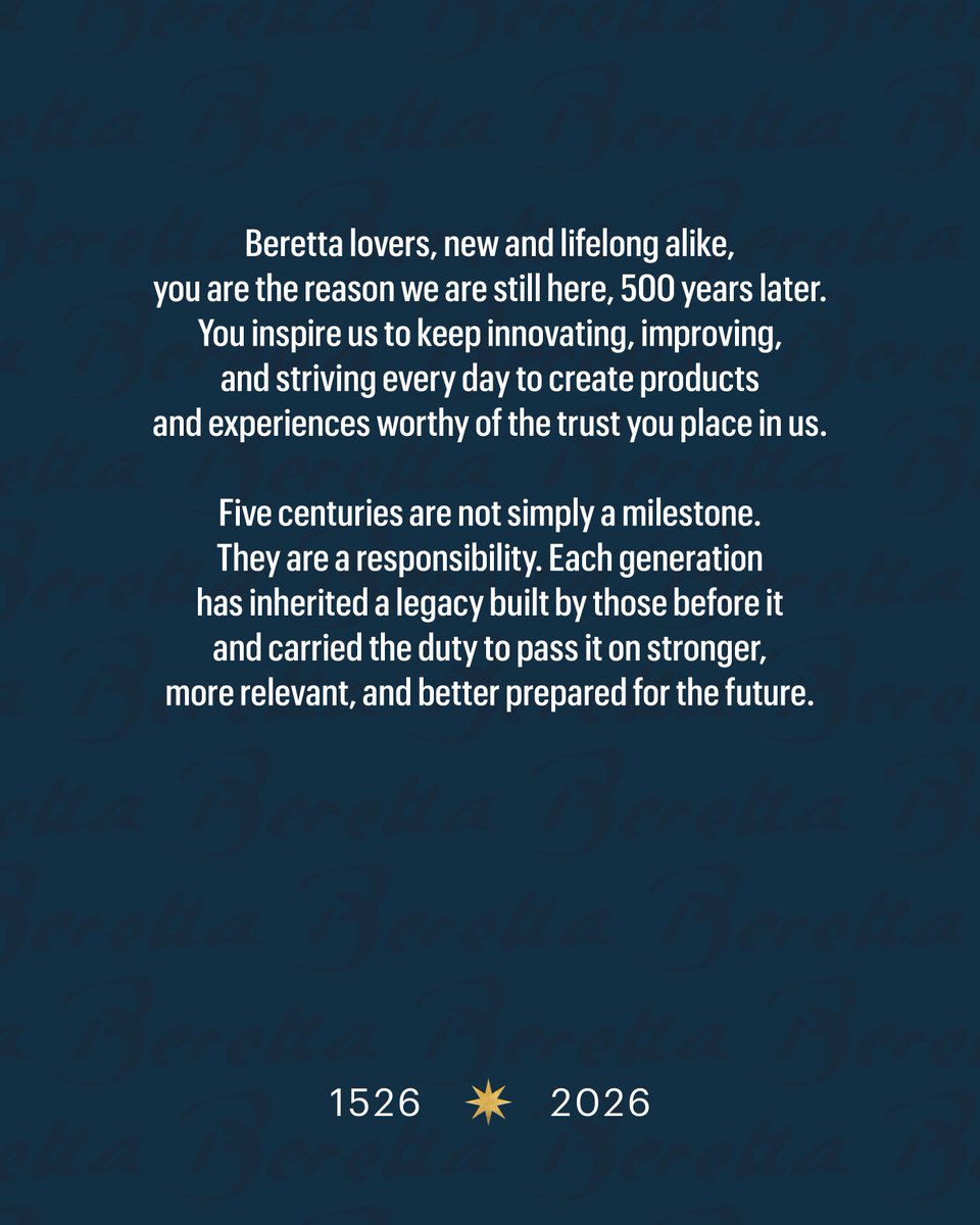 Beretta_USA's tweet photo. From Gardone Val Trompia to the world, thank you for being part of our story. 

#Beretta500  #LegacyForgesTomorrow https://t.co/xA9zKj9XK1