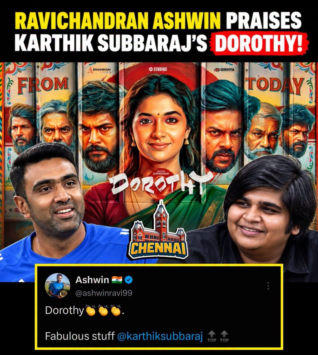 memeschennai's tweet photo. Indian cricketer Ravichandran Ashwin appreciated director Karthik Subbaraj for Dorothy.
🗣️ Ashwin:
“Dorothy 👏👏👏. Fabulous stuff @karthiksubbaraj 🔝🔝”
#Dorothy #KarthikSubbaraj #RavichandranAshwin #Ashwin #TamilCinema #Kollywood #KollywoodNews #CinemaNews #TamilCinemaNews #MovieUpdate #TamilMovies