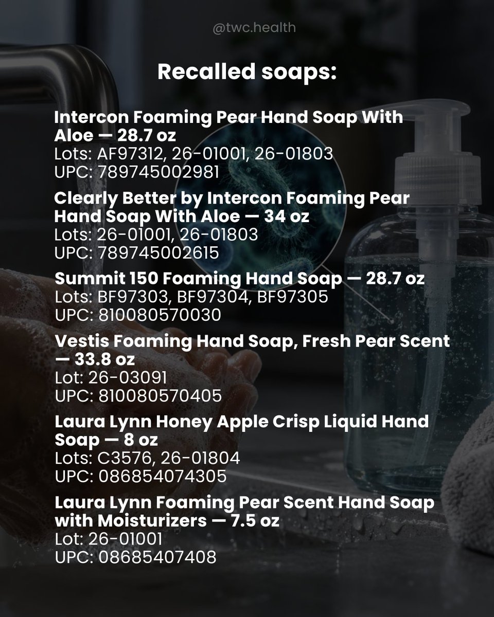 twc_health's tweet photo. The soap you’re using to wash bacteria off your hands might have come with bacteria of its own.  
Six hand soaps have been recalled over potential bacterial contamination. Testing of some affected products identified bacteria including Pseudomonas and Serratia — organisms that can cause infections, particularly in people with weakened immune systems or when they enter wounds.  

The FDA classified the recall as Class II, meaning serious health consequences are considered unlikely, but temporary or medically reversible problems are possible.  
Check the product name and lot number before you toss the bottle — not every bottle of these brands is affected.
