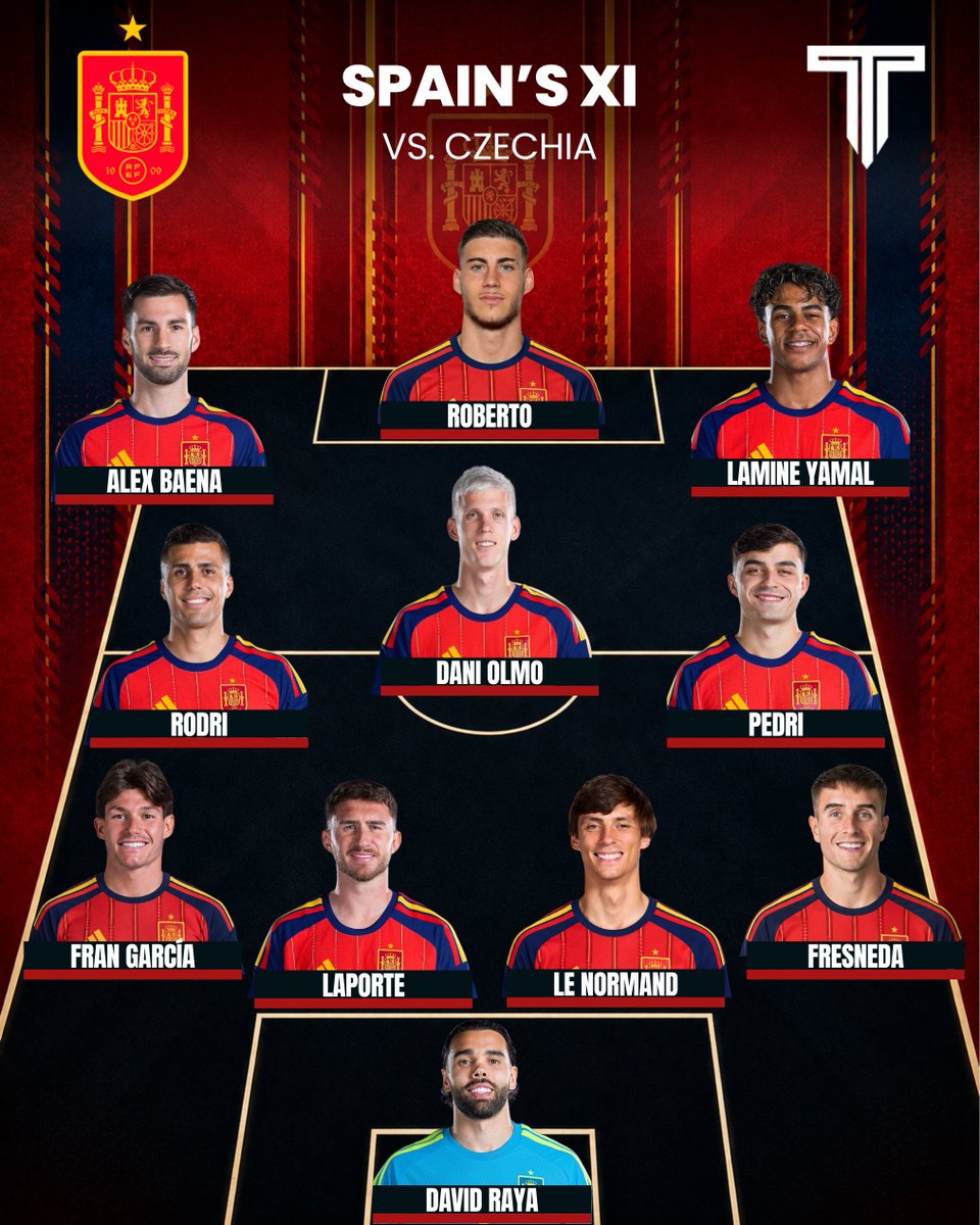 TouchlineX's tweet photo. 🚨 𝗢𝗙𝗙𝗜𝗖𝗜𝗔𝗟: Spain XI in their Nations League game vs. Czechia! 🇪🇸💫 https://t.co/M9nPv6SZ8W