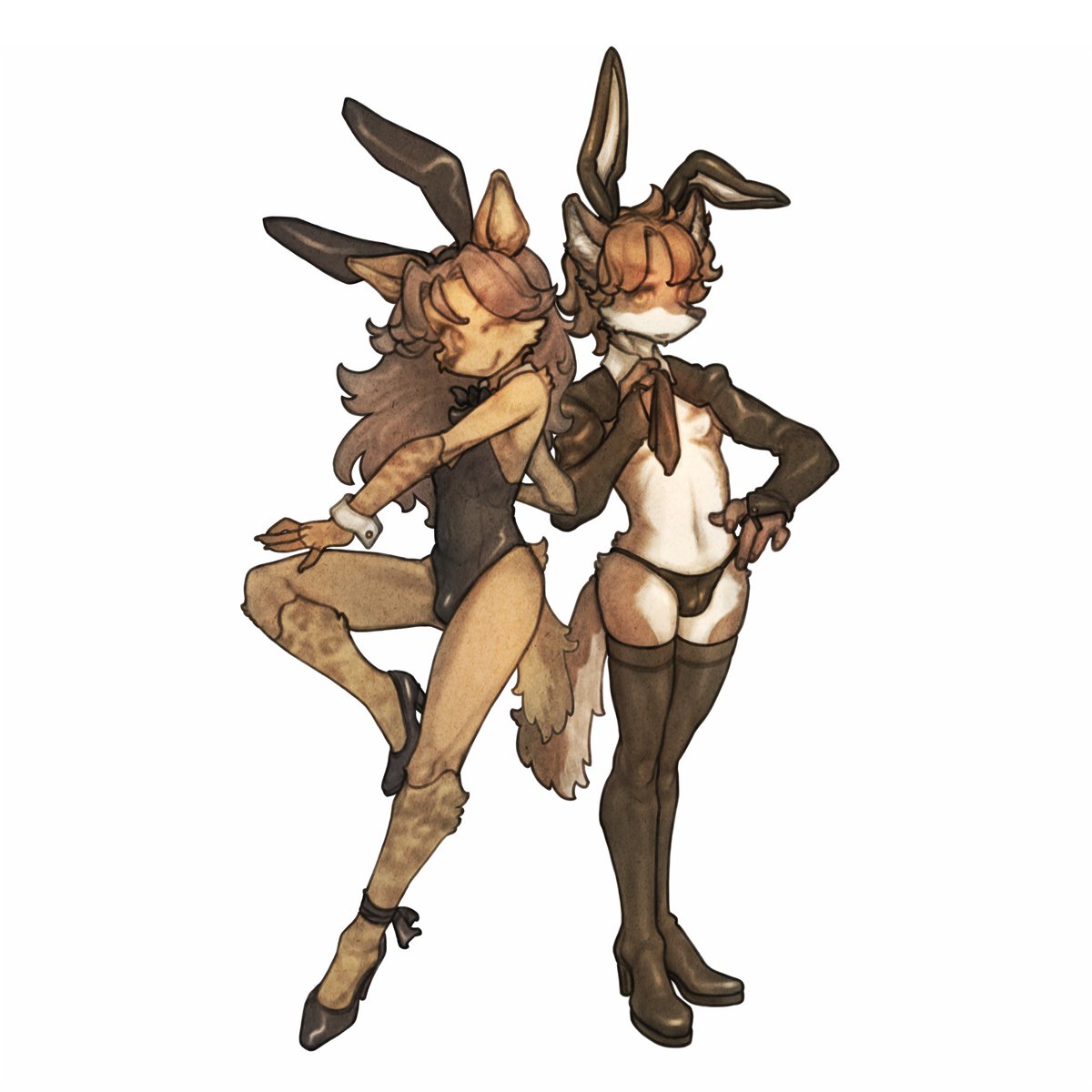shimipan's tweet photo. Here are the two characters in bunny outfits, commissioned by Meshuvel.(https://t.co/5FrFaFfrin)

The Brown Hyena boy and the Dhole boy work as office workers during the day, but at night, they transform into another persona.

男の子なバニーというのは初めてでしたが良い物ですねｗ https://t.co/2ZvJMzNXe5