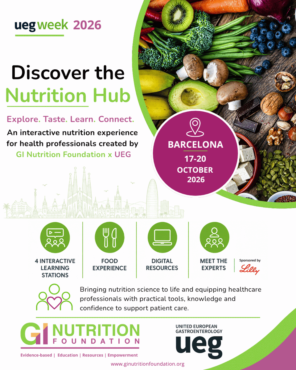 GMFHx's tweet photo. Nutrition care is no longer a footnote in the management of gut disorders
👉 Join the Nutrition Hub, organized by @my_ueg & @GI_NutritionFdn at #UEGWeek2026, to learn about tailored and inclusive dietary advice that supports the gut microbiome:
https://t.co/xezDsa8ttd https://t.co/M4Bt7ikFbS