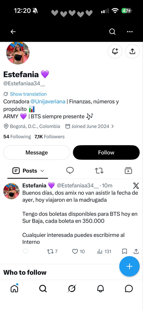 isavalllll's tweet photo. ESTÁ PERSONA ESTÁ VENDIENDO BOLETAS PARA BTS HOY 3 DE OCTUBRE Y YA ME ROBO LA PLATA , quién sabe a cuantos más. NO LE COMPREN 
#army #BTSEnBogotá https://t.co/Yta9WExsrn