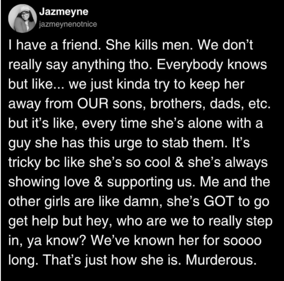 oniktimreh's tweet photo. '&amp; hw many were arrested at #Dover&amp;Gateshead?? 

- Ur the Cure, Ur the Pain

I hv a frnd. She k!lls men. We dn't rlly say anythng tho. Ev/bdy knws bt like... we jst kinda try 2kp hr away frm OUR sons, bros, dads, etc bt it's like, ET she's alone w a guy she hs ths urge2 #cornell https://t.co/DhX5zwmwSR