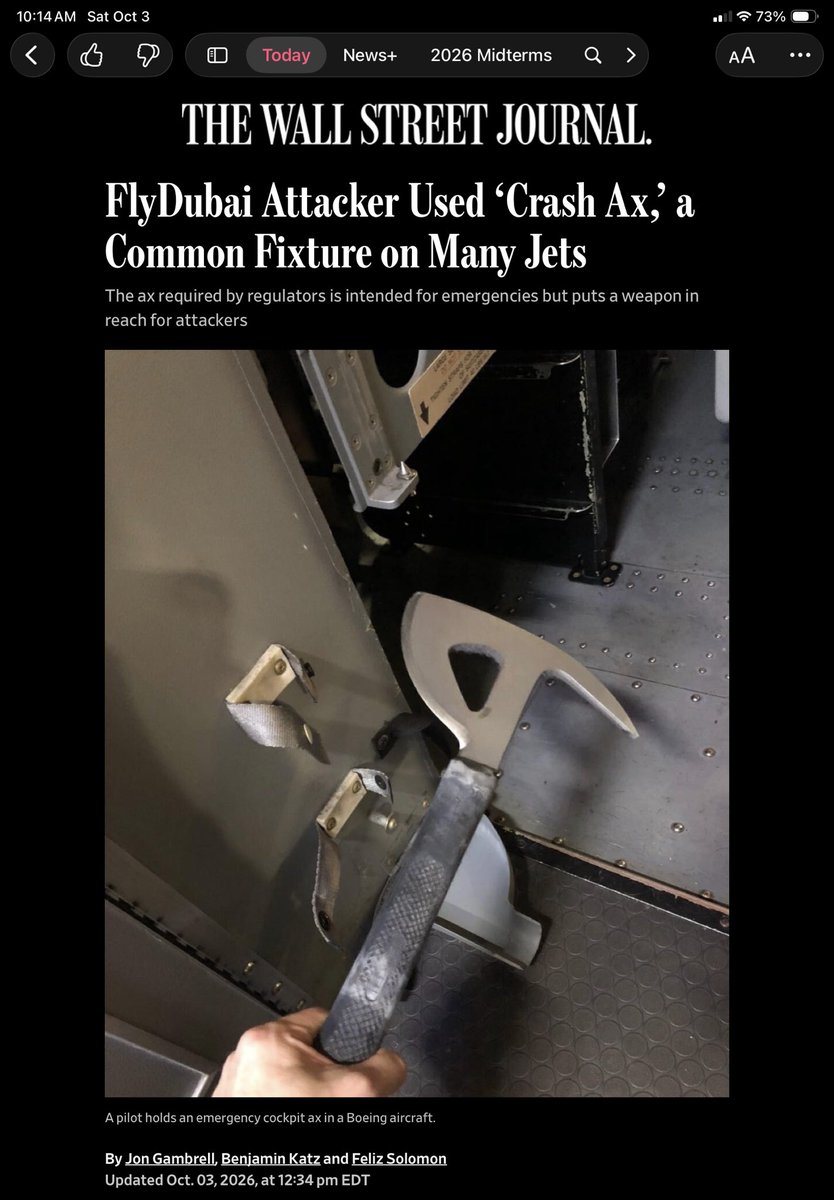 BuzzPatterson's tweet photo. This is frikking brutal. The crash axe in the 737 is stowed right behind the copilot. It’s intended for windows and doors in the event of an emergency, not human being captains. 

I spoke about this earlier this week @FoxNews and @OANN. This jet was seconds from being a smoking hole and the captain, on the floor and bleeding, the victim of an axe attack, got the cockpit door open.

Miracle. 🙏