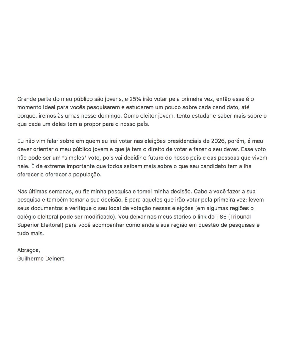 guideinert's tweet photo. Grande parte do meu público são jovens, e 25% irão votar pela primeira vez, então esse é o momento ideal para vocês pesquisarem e estudarem um pouco sobre cada candidato, até porque, iremos às urnas nesse domingo.

Aqui está meu texto. O seu voto pode decidir o futuro do Brasil. https://t.co/ShhyXU0ZLB