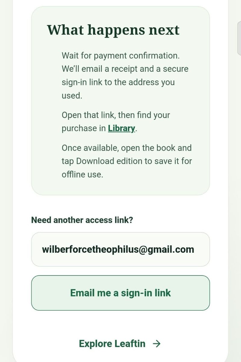 Eze_Wilberforce's tweet photo. Buyers no longer need a Leaftin account to purchase your book.

They can now buy a book using any email address. That email will automatically be used to create a Leaftin account for them, and it will be the only email they can use to access the book.

With just one click, you can buy your favorite book on the @getleaftin app. 🍀🍃
