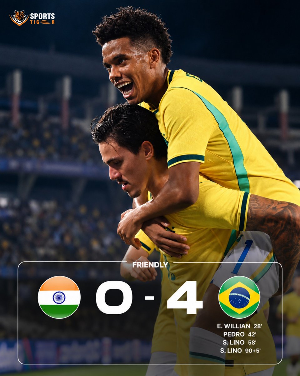 The_SportsTiger's tweet photo. 🇮🇳⚽ HISTORY MADE, BUT BRAZIL TAKE THE NIGHT! 🇧🇷
Brazil defeat India 4–0 in Kolkata in the first-ever meeting between the two sides. 🏟️🔥
A historic night for Indian football — and an experience against five-time world champions Brazil. 🌍⚽
#INDvsBRA #IndiaFootball #Brazil https://t.co/ENgGG3M9QD