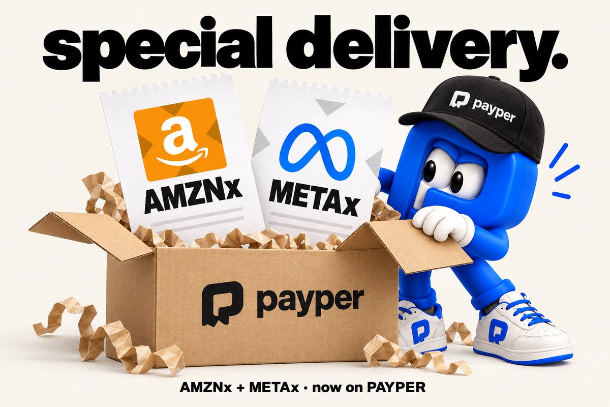 payperfun's tweet photo. special delivery.

$AMZNx + $METAx just landed on https://t.co/3RatDI0pUT.

two more quote assets for your next coin.

which one are you picking? https://t.co/32xcBhfvJR