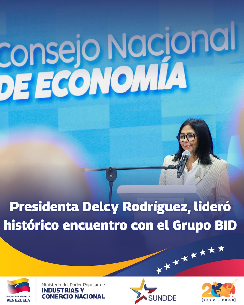 sundde_ve's tweet photo. La presidenta @delcyrodriguezv encabezó el Encuentro con el Grupo BID junto a sectores del país para impulsar la cooperación en áreas estratégicas como energía, infraestructura y agronegocios, y diseñar instrumentos financieros para las pymes y la economía comunal. 
#GrupoBID https://t.co/2N0qkxLLrR