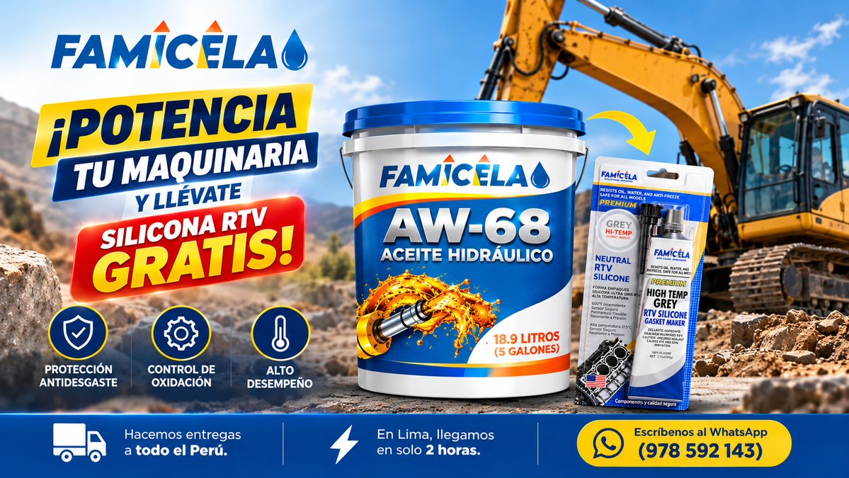 famicela's tweet photo. 🚜 ¿Trabajo pesado? So What. 💪
Potencia tu maquinaria con AW-68 FAMICELA: protección antidesgaste y control de oxidación. 🎁 ¡Llévate una Silicona RTV GRATIS!
🚚 Todo el Perú | ⚡ Lima en 2 h
📲 978 592 143
#AW68 #LATAM #Milagros #FAMICELA https://t.co/bAjbIxPPaR