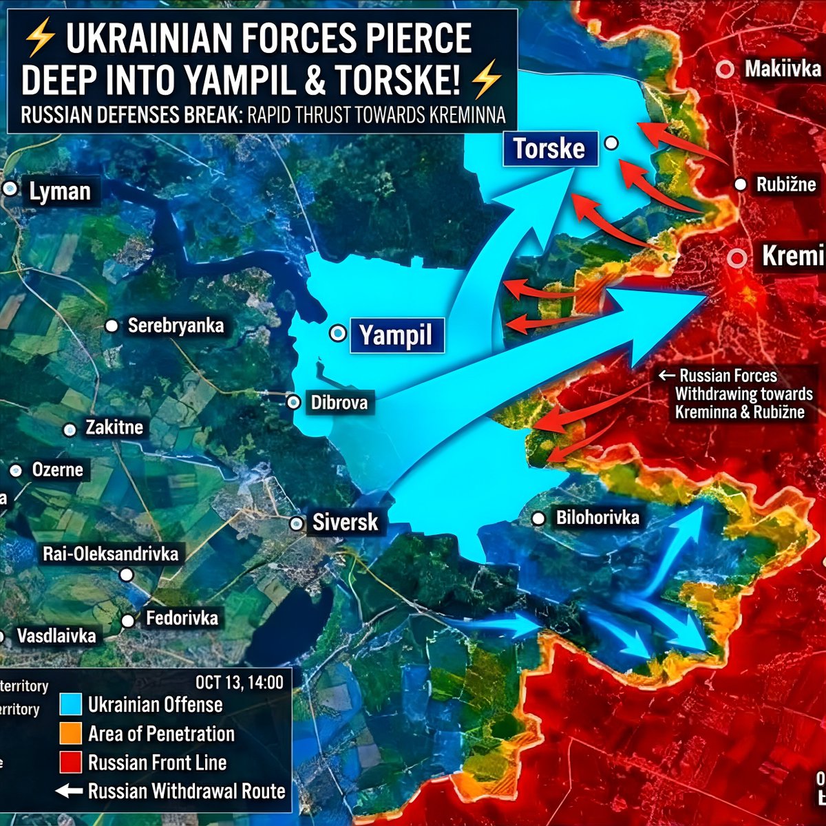 Ukrainene's tweet photo. 🇺🇦🤜🇷🇺The Ukrainian forces have made a significant breakthrough, piercing deep into Yampil and Torske with a rapid offensive. 

Russian defenses have been broken, and their forces are now retreating towards Kreminna and Rubižne. This dramatic turn of events has reshaped the battlefield, and Ukraine's advance continues. Keep an eye on the situation for further developments.🇺🇦💪

 #Ukraine #Russia #War #Conflict