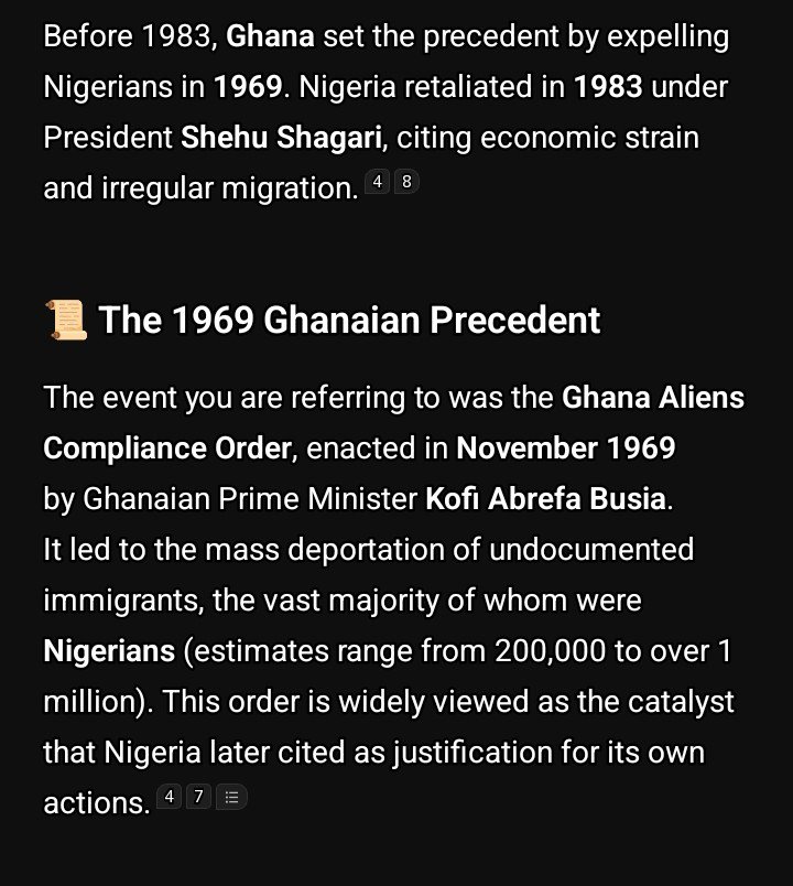 JAYXTRING's tweet photo. @Value_Dive @elliot_solution Read up man 
Before 1983, Ghana set the precedent by expelling Nigerians in 1969. Nigeria retaliated in 1983 under President Shehu Shagari, citing economic strain and irregular migration. https://t.co/l1DRpflKzd