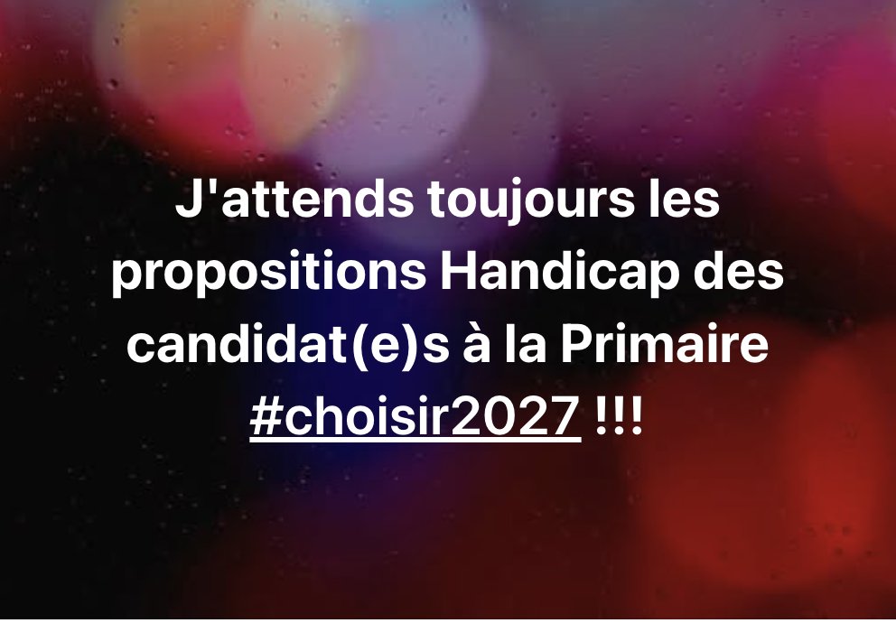 2020Vidal's tweet photo. En tant qu'élue en situation de handicap et concernée, je suis quand même déçue que l'enjeu de l'inclusivité et l'égalité des droits des citoyens et citoyens en situation de handicap ne mobilisent pas les candidat(e)s de la Primaire #Choisir2027. Seul @JeromeGuedj en parle !! 🙏 https://t.co/Lh5fHzc9Fr