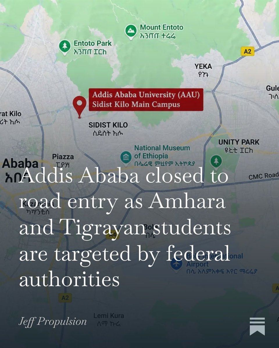 jeffpropulsion's tweet photo. Inside the #Ethiopiaconflict Addis Ababa closed to road entry as Amhara and Tigrayan students are targeted by federal authorities. Read my story on this here👇
#Ethiopia #AddisAbaba #Amhara #Tigray #Oromia #Fano #ENDF #HornOfAfrica 
https://t.co/4E0KTEpRV9 https://t.co/yMMA2j24Ti