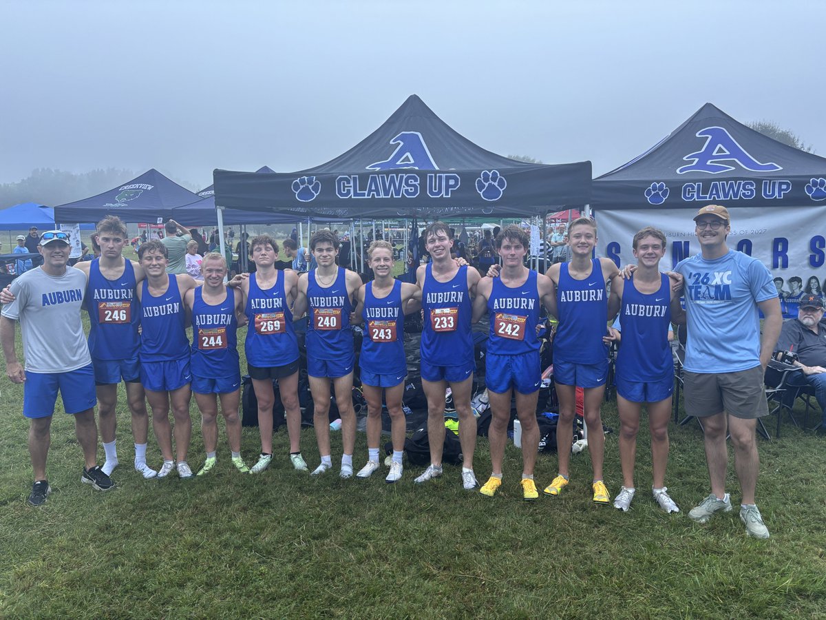 BlakeBusbin's tweet photo. AHSome performance by the Auburn High cross-country team this morning. Projected to finish 14 in a field of 40 teams, they finished sixth with half of the group setting personal bests. Oldest beat last week's PR by 25 seconds as he went sub-17 for a 16.42 time. #ClawsUp #GoTigers https://t.co/2NszEzaZU3