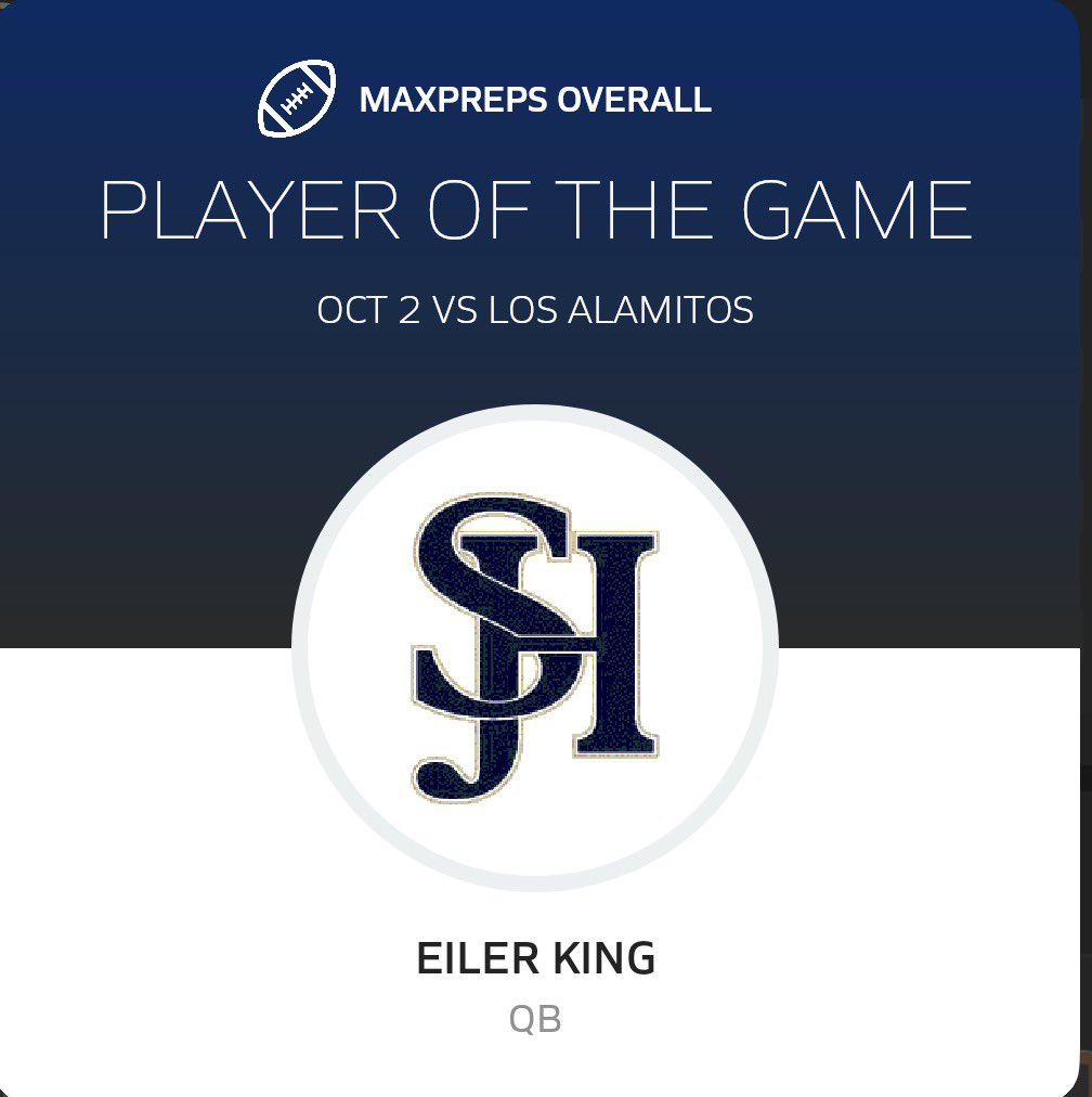 EilerKing10's tweet photo. What a game! Offense was firing on all cylinders last night in a great win over Los Alamitos to start league play! 1-0 every week!
Stats:
473 yards passing
21 rushing
7 passing TD
0 INT
82% cmpl
Player of the game!
@latsondheimer @ocvarsityguy @SteveFryer @FrithRobert @sjhhsfootball @adamgorney @alecsimpson5 @247recruiting @mikehuntley63