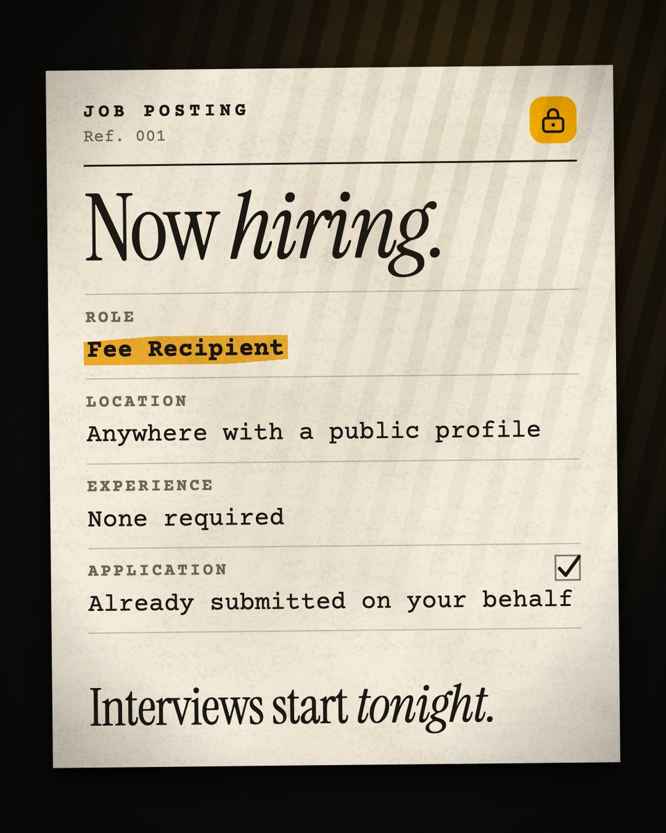 launchlockedin's tweet photo. Now hiring.

Role: Fee Recipient
Location: anywhere with a public LinkedIn profile
Experience: none required
Application: already submitted on your behalf

Interviews start tonight. https://t.co/eZXZc6dTtf