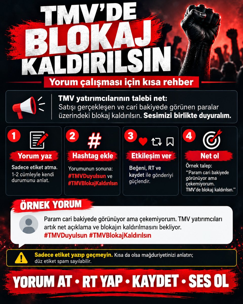 tahtanotlari's tweet photo. 📢 TMV İÇİN YENİ TALEP: BLOKAJLAR KALDIRILSIN

TMV yatırımcılarının en büyük sorunu hâlâ aynı:
Satış işlemi görünen, bakiyesi oluşan ama parasını kullanamayan yatırımcılar var.

Bu yüzden yatırımcıların talebi:

TMV’de nakit blokajları kaldırılsın.
Satışı gerçekleşmiş yatırımcı parasına erişebilsin.
MKK bildirimi gelen ve cari hesapta bakiyesi oluşanların durumu netleştirilsin.
21-22 valörlü yatırımcılar için ayrı ayrı resmi açıklama yapılsın.

Amaç kavga çıkarmak değil; insanların kendi parasına erişebilmesi ve sürecin artık belirsizlikten çıkması.

Bu başlıkta çalışma yapılmasını isteyen herkes kendi durumunu 1-2 cümleyle anlatsın.

 #TMVBlokajKaldırılsın #TMVDuyulsun  #TMV #TeraPortföy #FonMağdurları