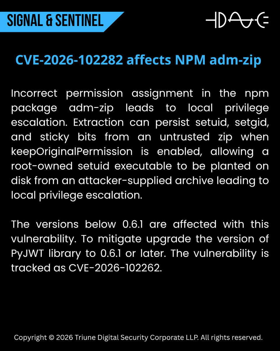 triunedigisec's tweet photo. CVE-2026-102282 affects NPM package adm-zip, incorrect permission assignment leads to local privilege escalation due to persistent setuid, setgid and sticky bits in crafted zip fiile.
#vulnerability #privesc #archive https://t.co/0biQN7YyWk