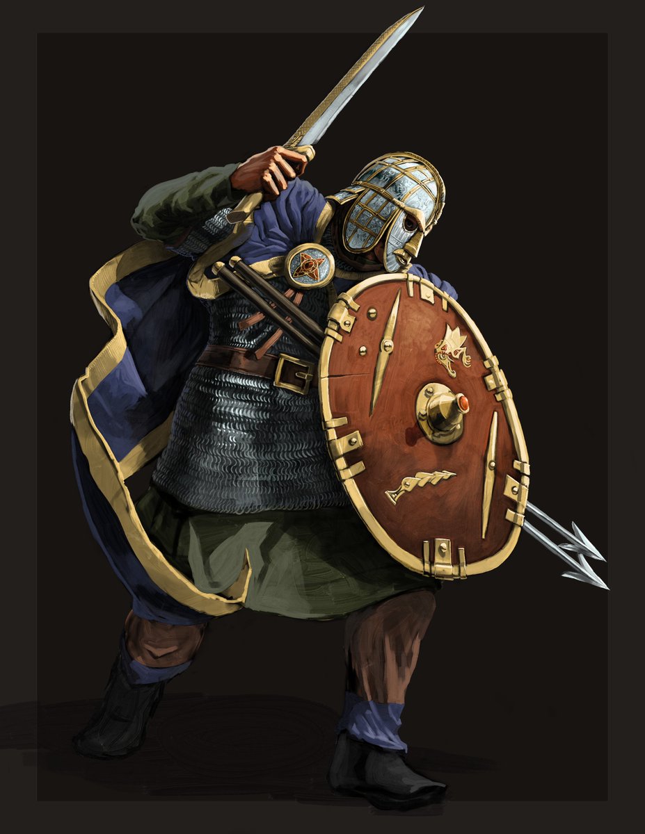 LordGood_'s tweet photo. Hearth troops with angons and a seax. I'm suprised they cost wood instead of food, that alone makes them pretty unique among heavy infantry unique units. 
I think its fairly apparent the Sutton Hoo hoard's helmet and shield were the primary inspiration for these guys' equipment https://t.co/83TPd9a6IC