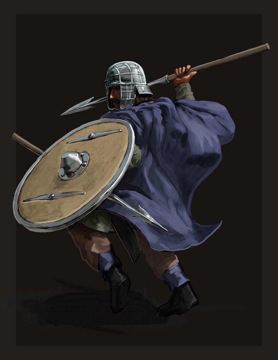 LordGood_'s tweet photo. Hearth troops with angons and a seax. I'm suprised they cost wood instead of food, that alone makes them pretty unique among heavy infantry unique units. 
I think its fairly apparent the Sutton Hoo hoard's helmet and shield were the primary inspiration for these guys' equipment https://t.co/83TPd9a6IC