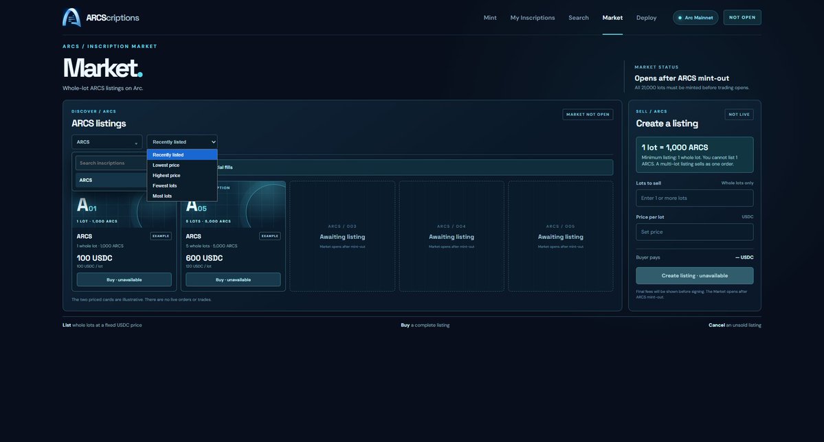 ARCScriptionsHQ's tweet photo. We said the Market was next. Here’s the first look. 👀
The first ARCScriptions Market interface is taking shape.
Fixed-price listings.
Buy / Sell / Cancel.
Search, sorting and holder-focused trading tools.
For now, ARCS remains the only inscription.
The Market will open after Genesis mint-out.
We’re building fast — and we’re listening.
What would you like to see added before launch?
ARCS first. Then the ecosystem.
@Arc
#Arc #ARCS #Inscriptions