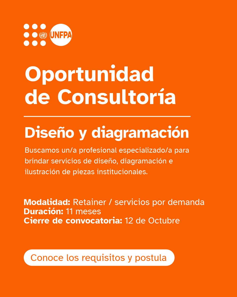 UNFPAPeru's tweet photo. 📢 Oportunidad de consultoría en UNFPA Perú

Buscamos un/a profesional especializado/a en diseño gráfico y diagramación para brindar servicios de diseño, diagramación e ilustración de piezas institucionales, bajo una modalidad de servicios por demanda.

Entre los principales requisitos se encuentran:
🎨 Título en diseño gráfico, diseño gráfico publicitario o carreras afines.
💻 Dominio avanzado de Photoshop, Illustrator, InDesign o herramientas profesionales equivalentes.
📌 Experiencia mínima de 10 años en diseño gráfico y diagramación.

Las personas interesadas deberán presentar su CV documentado, formulario P11, propuesta técnica con muestras de trabajos que acrediten su experiencia y propuesta económica.

📅 Fecha límite: lunes 12 de octubre, hasta las 12:00 h.
📄 Más información: https://t.co/QqAVXajaPf 
📩 Postulación: peru.procurement@unfpa.org
🔎 Asunto: UNFPA/PER/IC/039/2026 - DISEÑO Y DIAGRAMACIÓN

Revisa los Términos de Referencia y los documentos de la convocatoria para conocer todos los requisitos y condiciones.
