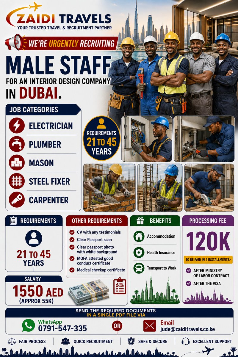 Kiriminti's tweet photo. ELECTRICIANS, PLUMBERS, MASONS, STELL FIXERS  AND CARPENTERS OPPORTUNITIES IN DUBAI UAE APPROX 55k SAL . PROCESSING FEE 120K #kenyanjobseekers #nairobijobseekers #jobsforfreshers #zaiditravels #JobsKe https://t.co/69yTQr7ryi