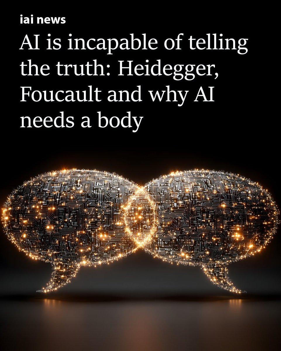 IAI_TV's tweet photo. While we worry about AI spreading misinformation, the deeper problem is that AI may be incapable of telling the truth at all.

Philosophers Bun-Sun Kim and Hongjoon Jo argue that humans speak truthfully because something is genuinely at stake when we do: our finite, mortal existence. 

It has no body, no anxiety, no conscience. It simply recombines the internet's idle chatter into statistically plausible text, with no self behind it to reveal or risk anything.

Outsourcing communication to AI traps us in a loop of mimicry, and threatens our own capacity for genuine thought.

Read the full article here. https://t.co/ywicONR4x9