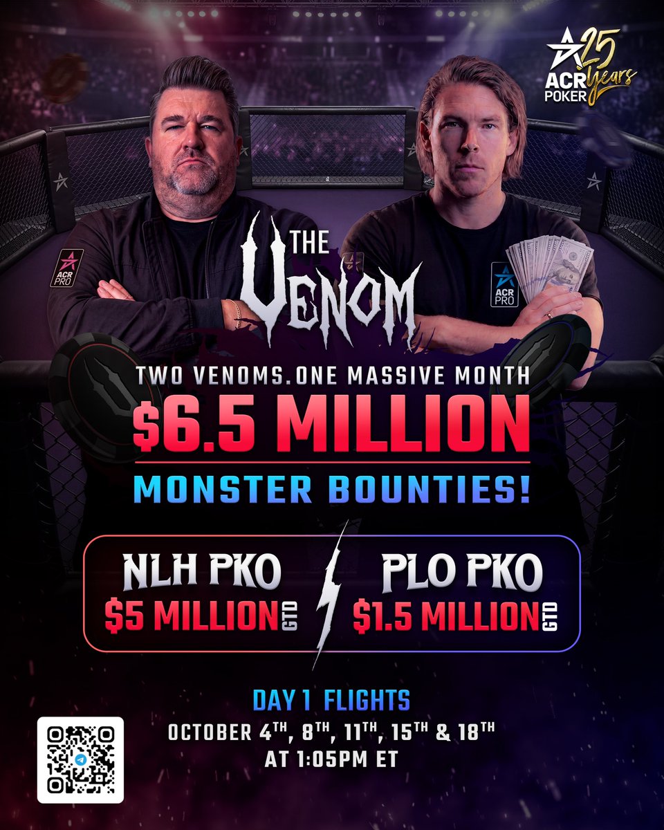 Moorman1's tweet photo. It’s Venom time again on #Acrpoker and I’m giving away 30 $6 survivor flip tickets to people who post their acr username in this thread and retweet this post. Best of luck to everyone and I  hope you can make it into the tournament and turn it into a huge score. https://t.co/57oyVf3X9H