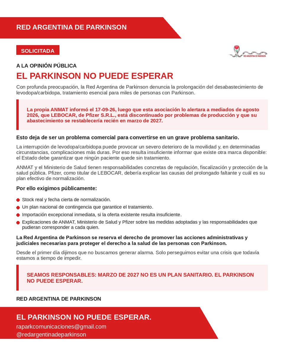 Redargparkinson's tweet photo. @AmericaTV 🚨 URGENTE 🚨
#ElParkinsonNoPuedeEsperar
Con profunda preocupación, denunciamos la prolongación del desabastecimiento de levodopa/carbidopa, tratamiento esencial para miles de personas con Parkinson.   
#Parkinson #Lebocar #LevodopaCarbidopa #ANMAT https://t.co/inO1BMQKs9