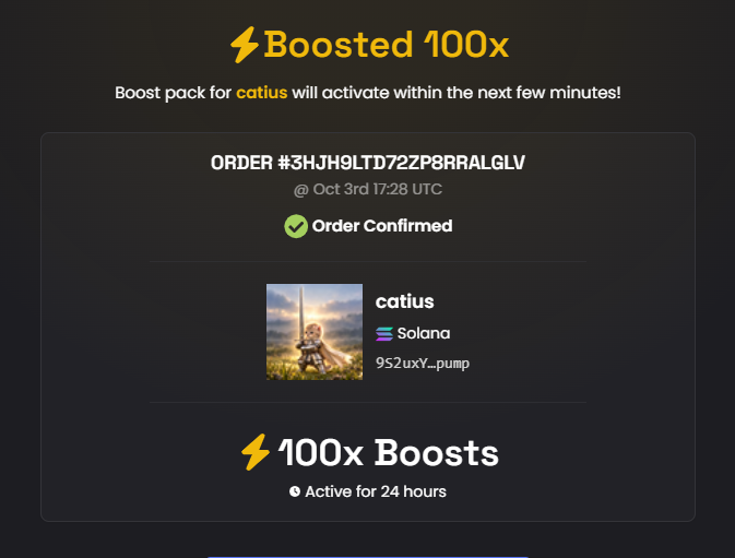 CatiusPump's tweet photo. 100x Dexscreener boost. ⚡⚡⚡

apparently “maximus” was not ceremonial.

the smallest knight just got a very large spotlight. 🗡️🎀

$catius #catius #Solana https://t.co/8NhRv1KaGI