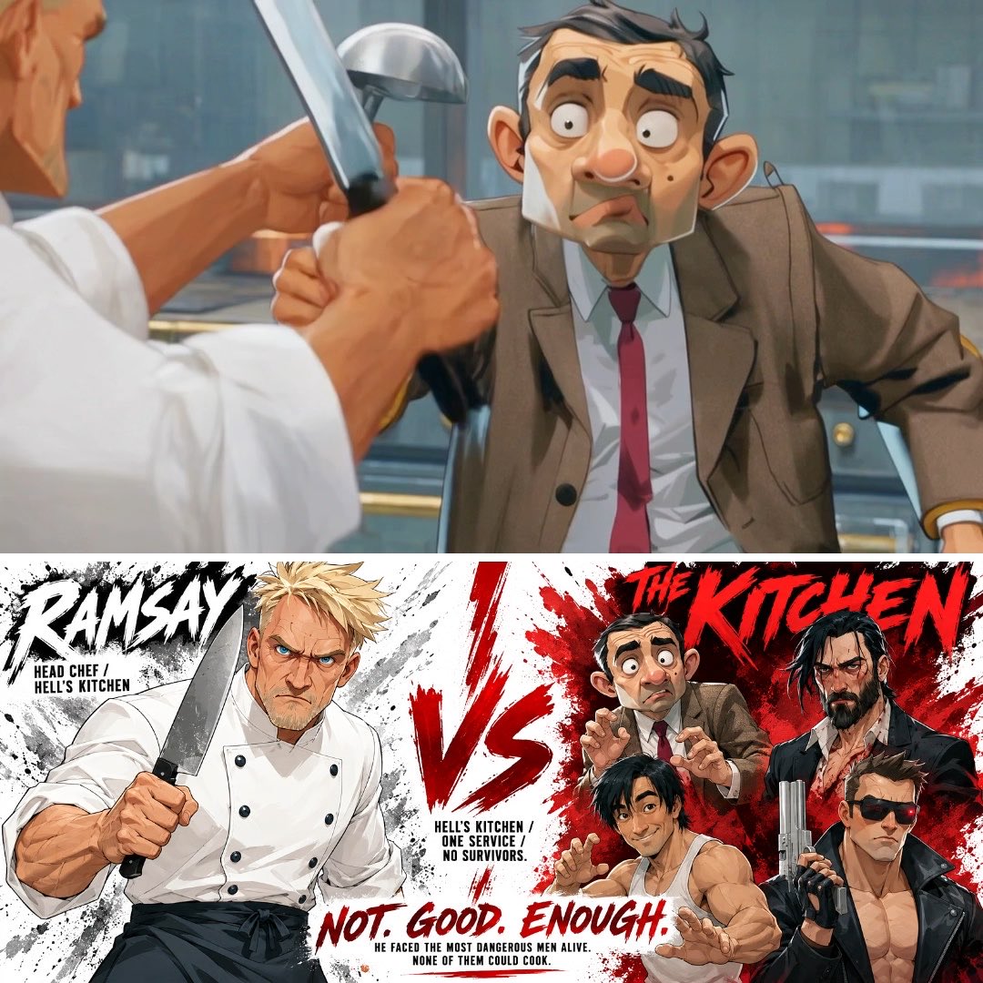 An anime-style image showing Gordon Ramsay as 'Head Chef / Hell's Kitchen' with a knife, versus characters including Mr. Bean, labeled 'The Kitchen' with the tagline 'Not Good Enough. He Faced The Most Dangerous Men Alive. None Of Them Could Cook.'