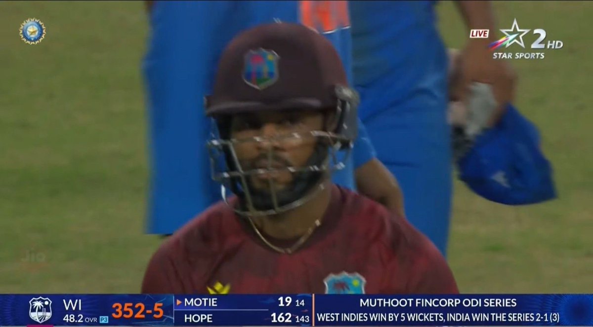mufaddal_vohra's tweet photo. - Kept wickets for 50 overs under the heat. 
- Batted for a complete 48.2 overs. 
- Scored 162* (143). 
- Won the match. 

SHAI HOPE WITH ONE OF THE FINEST EVER PERFORMANCES IN INDIA. 🫡 https://t.co/mRn3XsmGh6