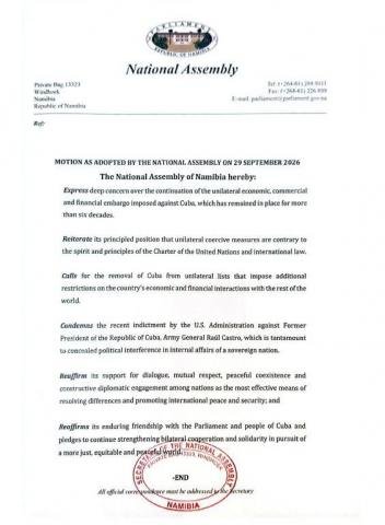 AsambleaCuba's tweet photo. Esteban Lazo: «Agradecemos a la Asamblea Nacional de la hermana República de #Namibia🇳🇦 por moción de solidaridad y apoyo al pueblo cubano,aprobada frente al bloqueo recrudecido, cerco energético y demás medidas coercitivas unilaterales del Gobierno de EE.UU. contra nuestro país» https://t.co/ItTrR578My