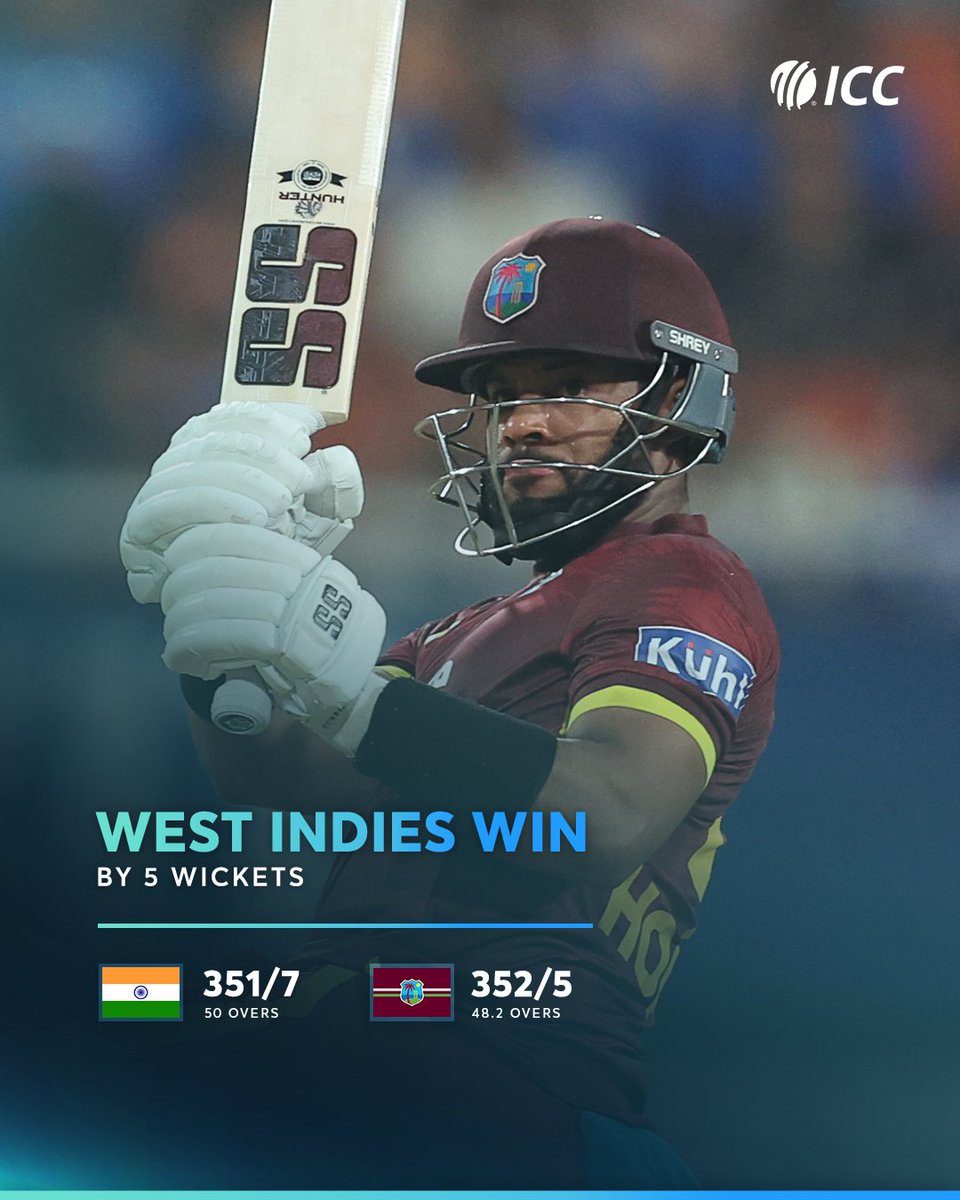 ICC's tweet photo. Shai Hope's magnificent ton helps West Indies script a famous win against India in the third ODI 🤩

📝: https://t.co/1E9mOQvhDJ https://t.co/secDVNXh3A