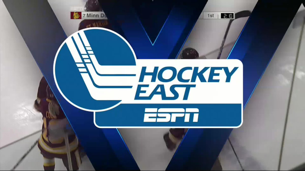 The image displays an ESPN Hockey East broadcast graphic featuring the conference logo overlaid on a hockey game, with the scoreboard showing Minnesota Duluth leading 7-0 with 2:10 remaining in the 1st period, fitting the "Finding the Back of the Net" theme of the UMD women's hockey team dominating their NCAA matchup.
