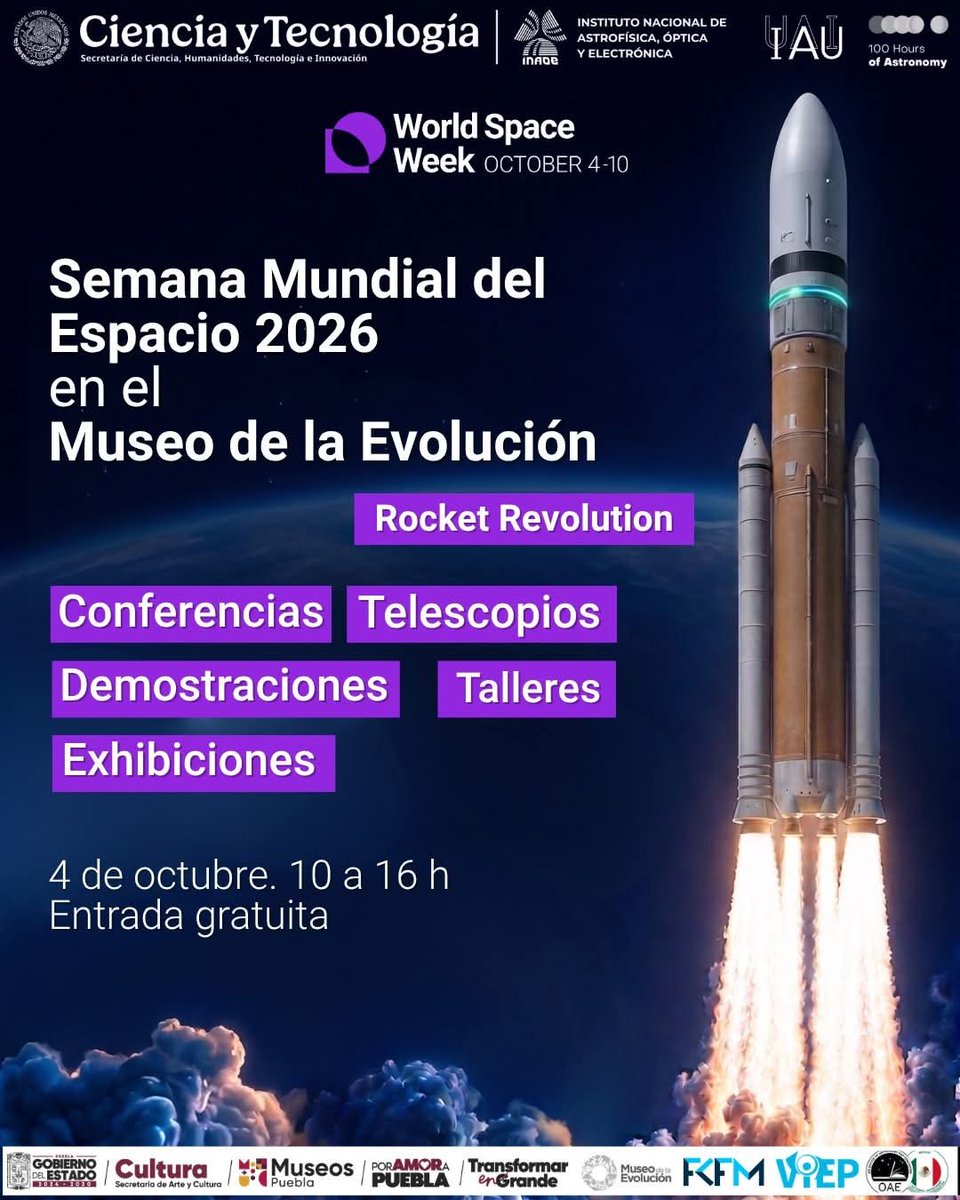 inaoe_mx's tweet photo. Les compartimos el programa de la Semana Mundial del Espacio 2026, la cual se llevará a cabo en el Museo de la Evolución. ¡Los esperamos!

📆 4 de octubre
🕒 Desde las 10:00 horas. https://t.co/EY0jUtS0Q1