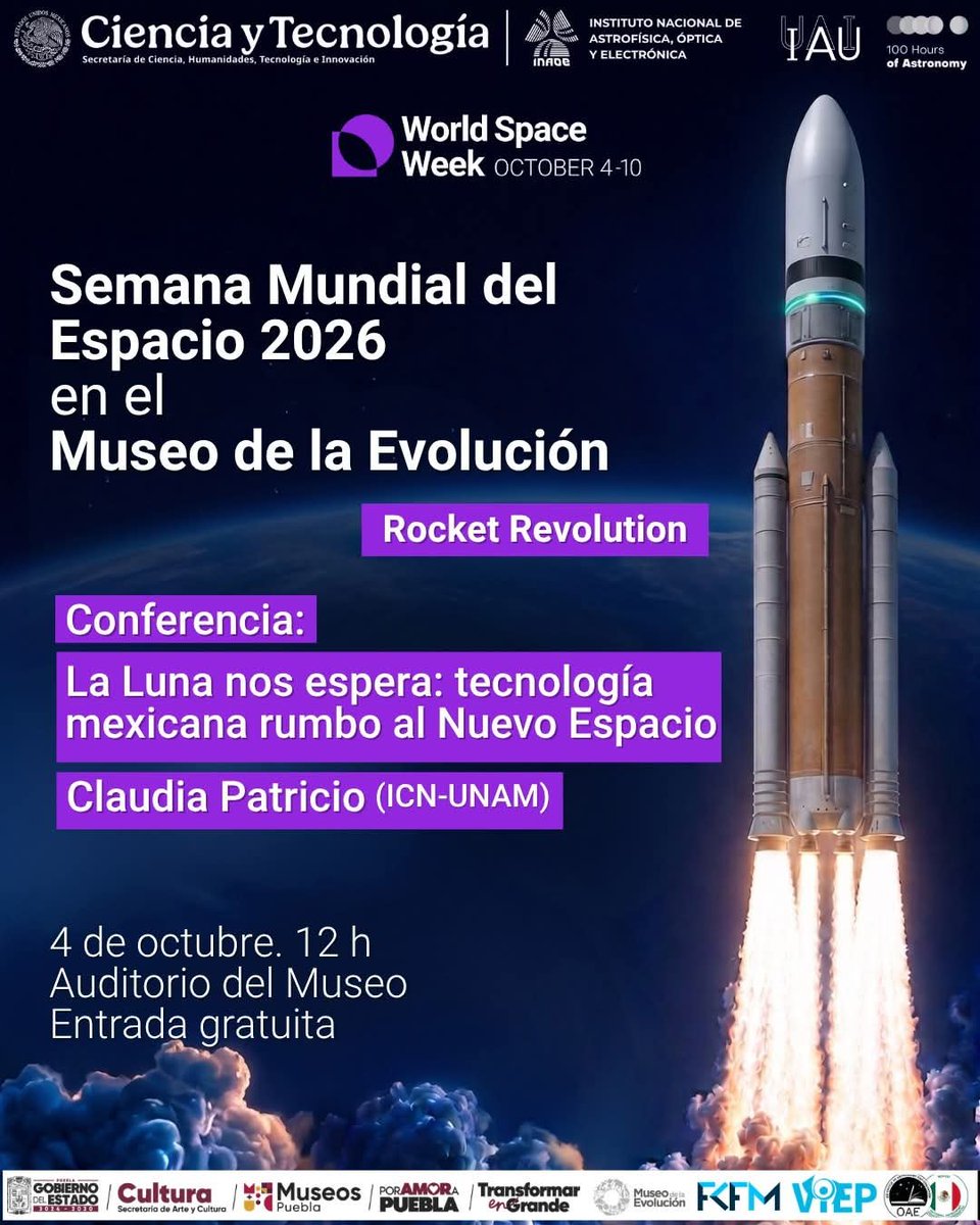 inaoe_mx's tweet photo. Les compartimos el programa de la Semana Mundial del Espacio 2026, la cual se llevará a cabo en el Museo de la Evolución. ¡Los esperamos!

📆 4 de octubre
🕒 Desde las 10:00 horas. https://t.co/EY0jUtS0Q1